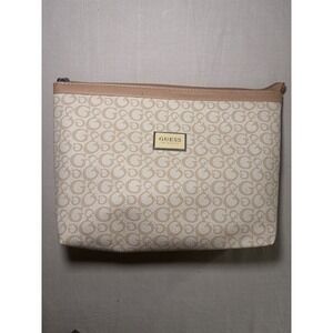 Guess Los Angeles Monogram Logo Makeup Bag Beige Cream Cosmetic Pouch